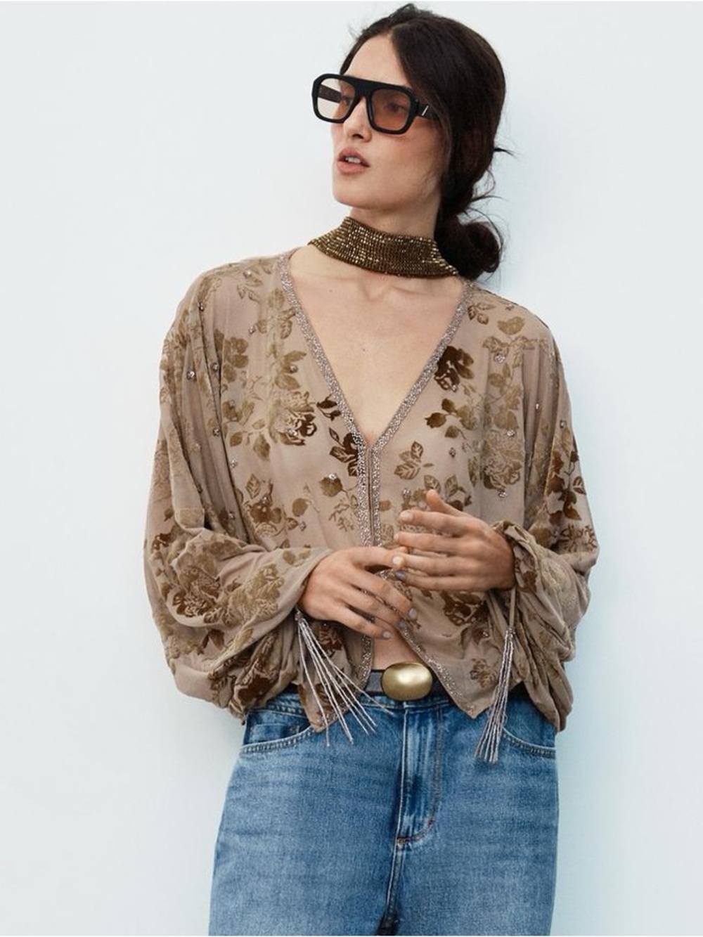 ZARA FLOCKED EMBROIDERED BLOUSE - Picture 10 of 10